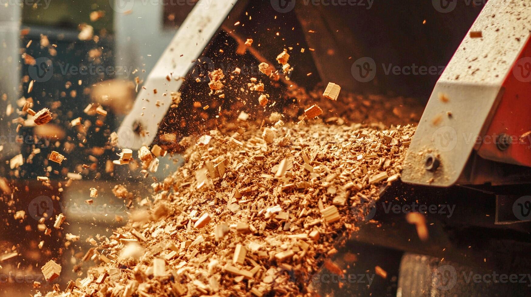 Wood chips ejected from machinery at a lumber processing facility in the forest photo