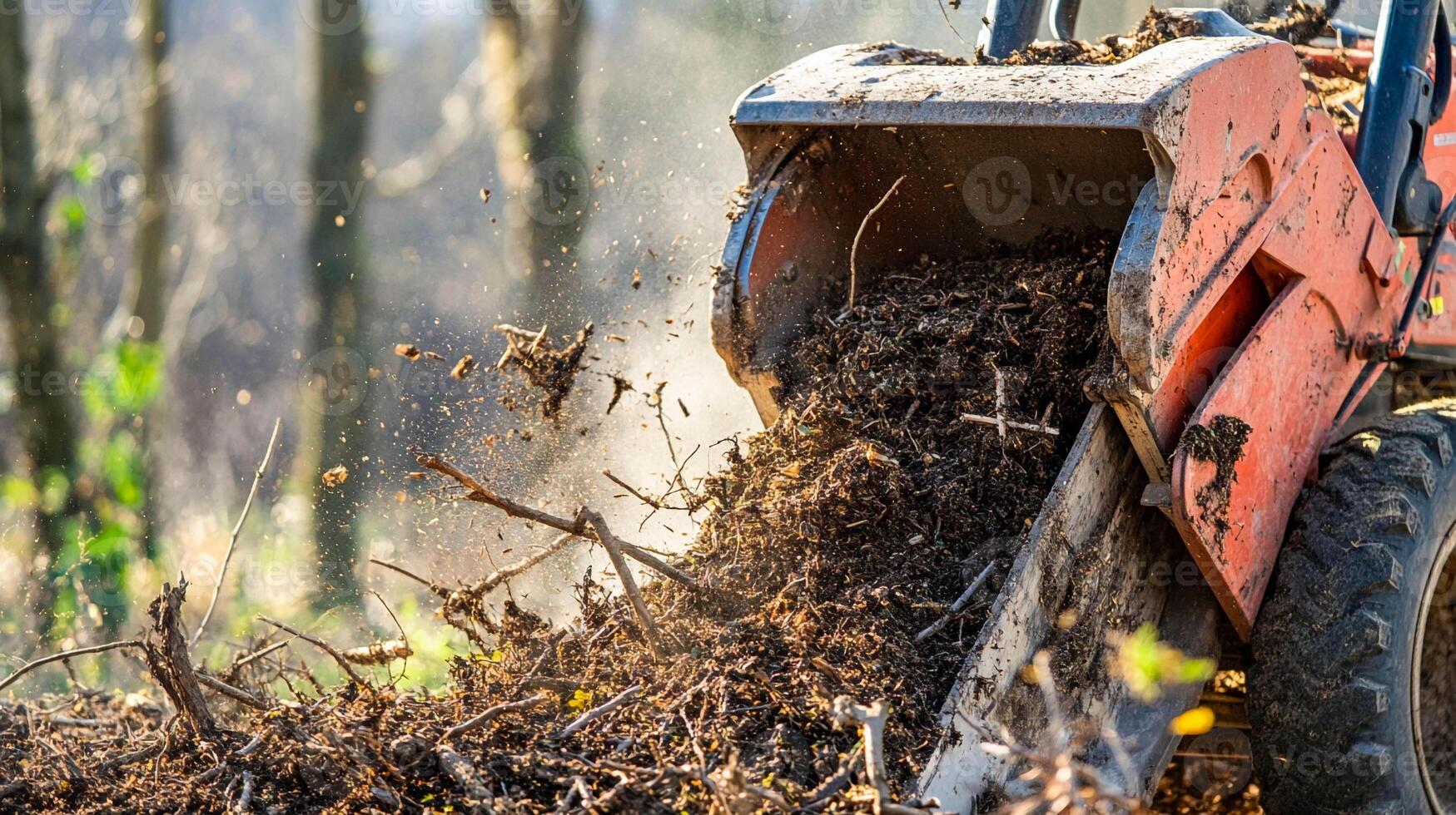 Chipper shredding branches in a dense forest during a sunny afternoon photo
