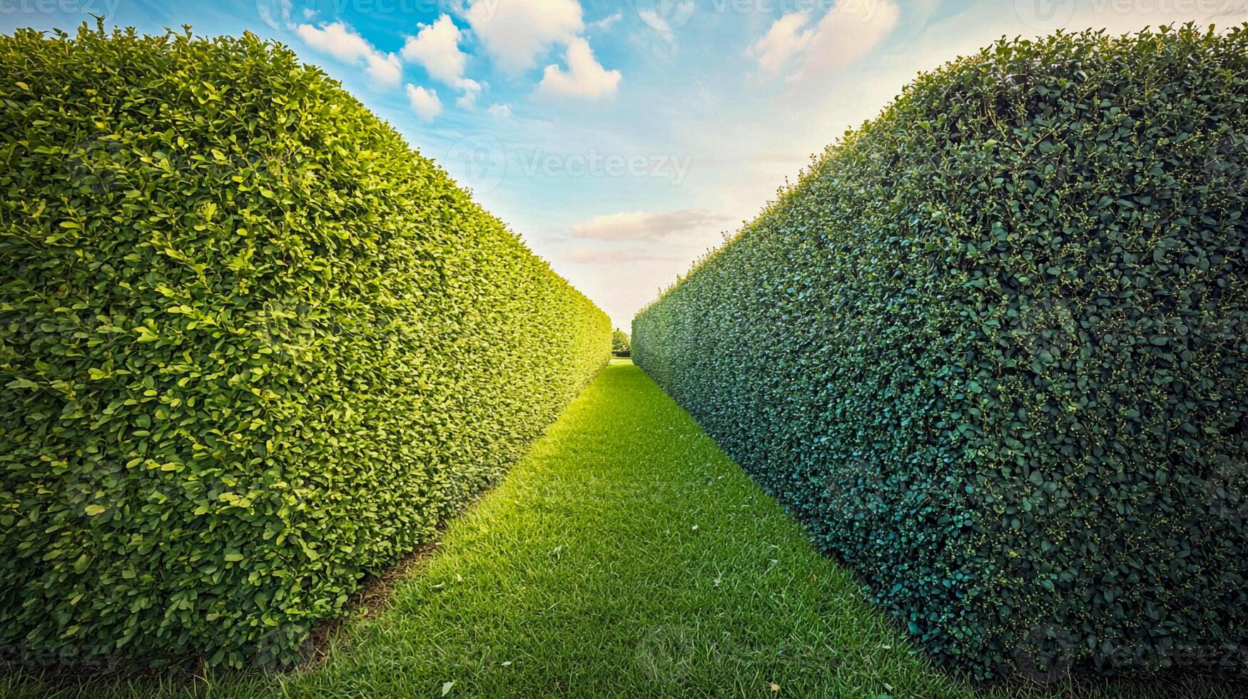 Lush green hedge maze invites exploration under a bright sky in evening light photo