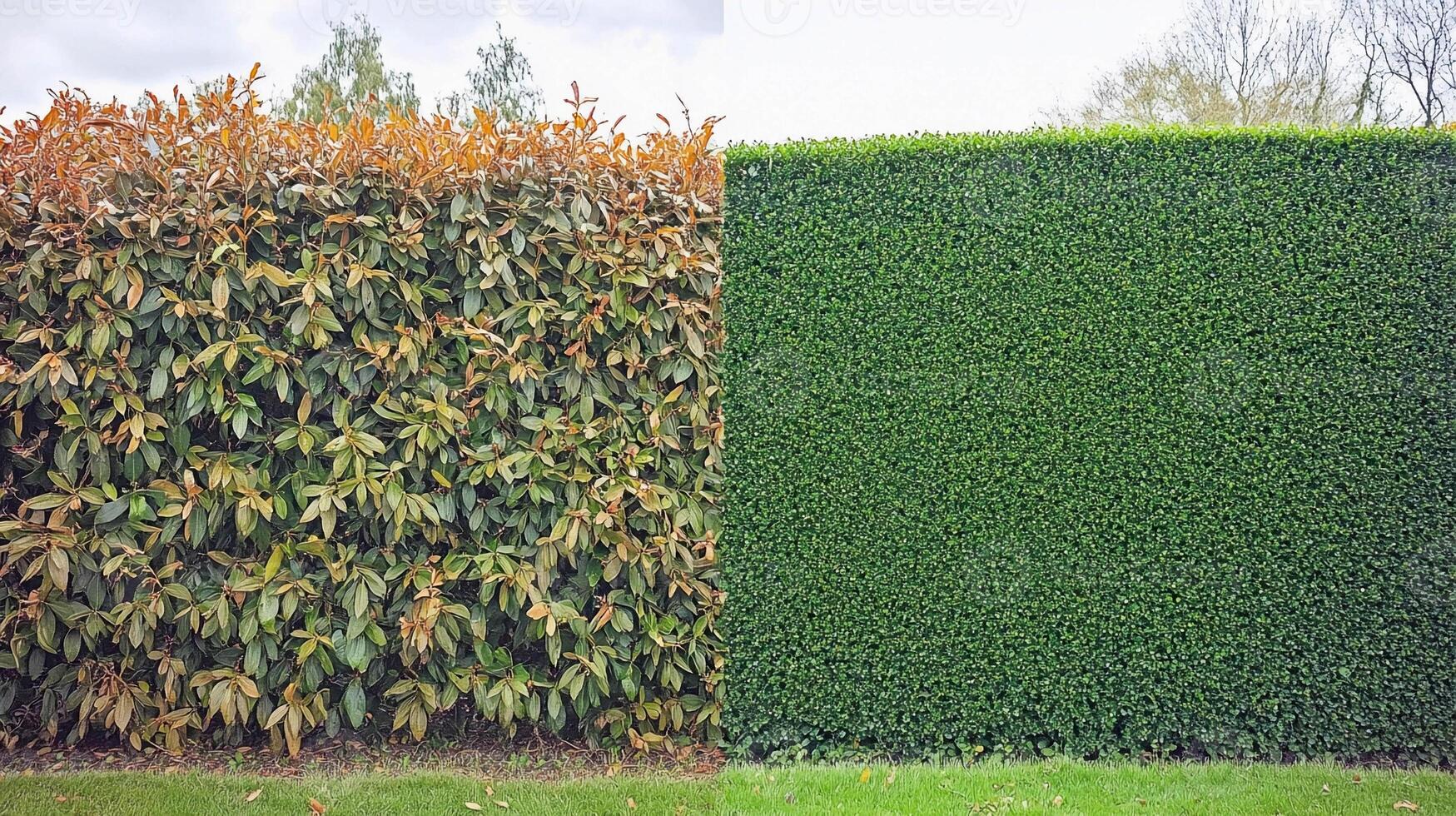 Contrast between two types of hedges in a garden setting on a cloudy day photo