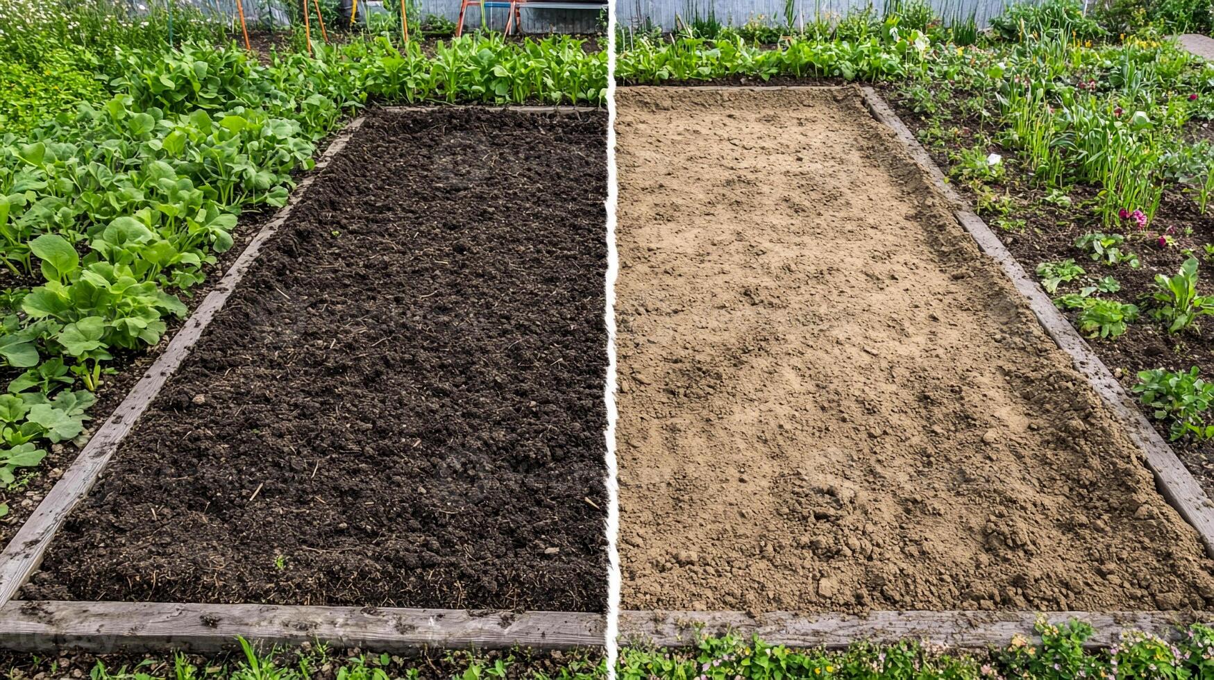 Comparing two soil types in a garden plot before planting in a rural area during spring photo