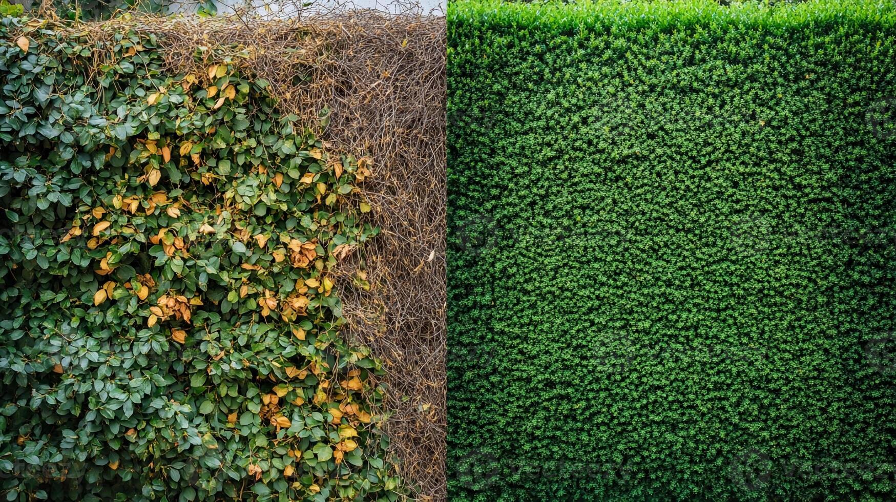 Comparison of natural vines and artificial greenery showing a contrasting lush landscape in a garden setting photo