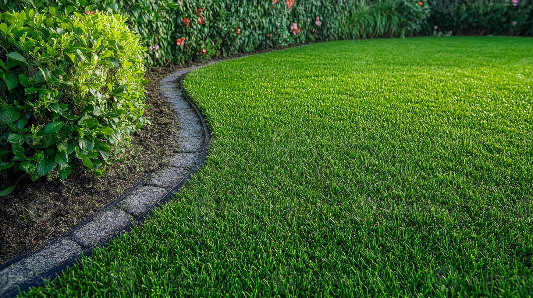 Lush green lawn with curved stone border and vibrant bushes in sunny afternoon setting photo
