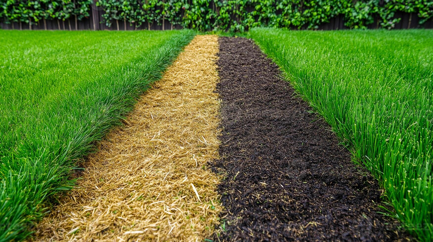 Lawn transformation process showing contrasting sections of grass, soil, and straw in a landscaped yard photo