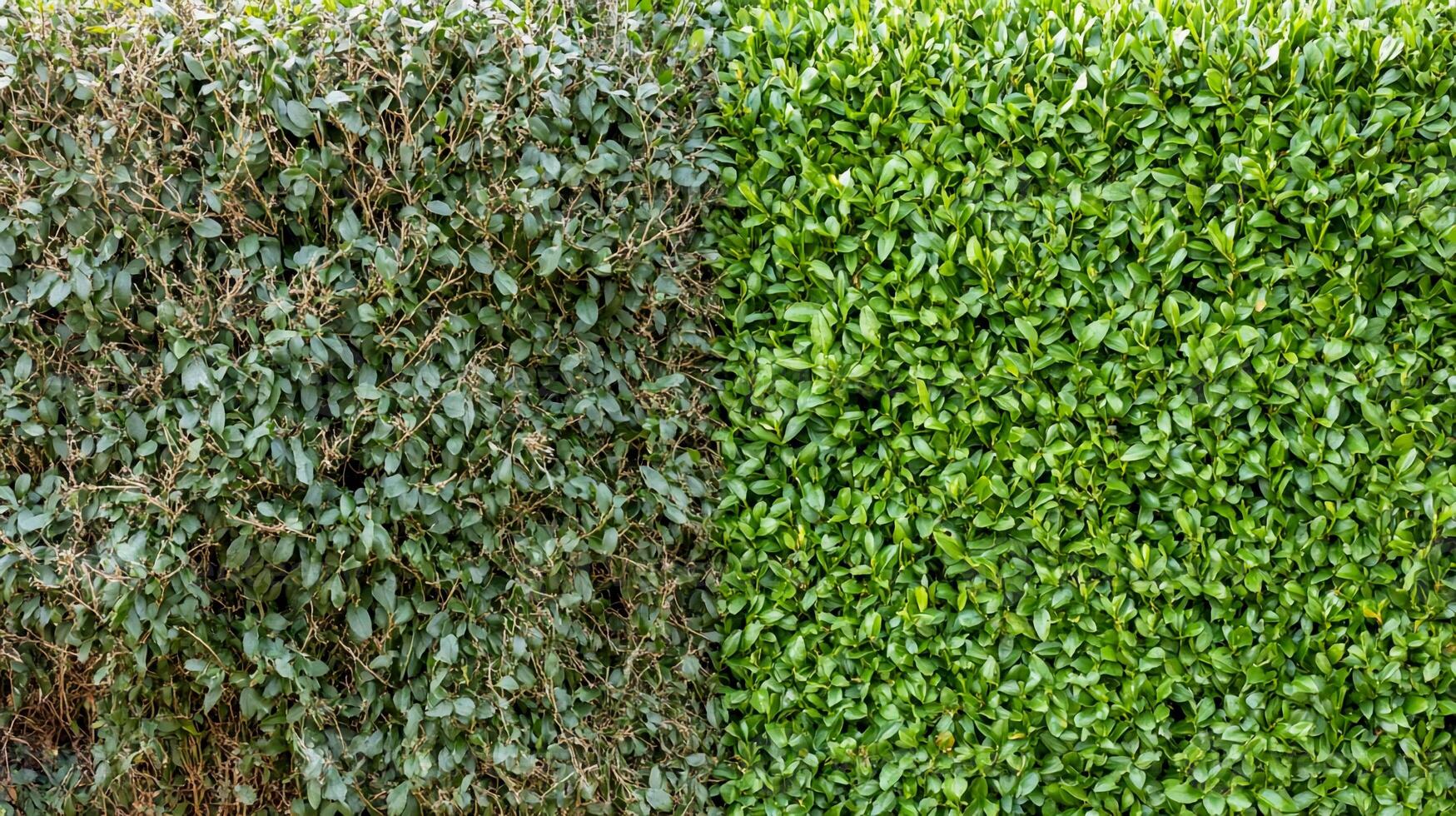 Comparison of healthy and unhealthy plants in a garden setting showcasing vibrant green foliage photo
