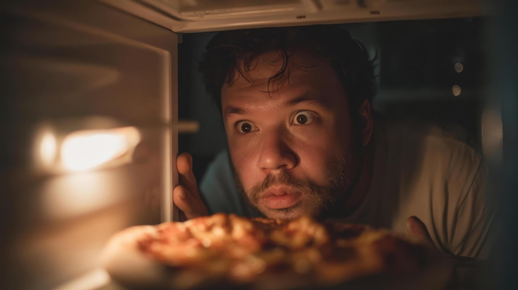 Surprised man reaching for the last slice of pizza in the refrigerator at night photo