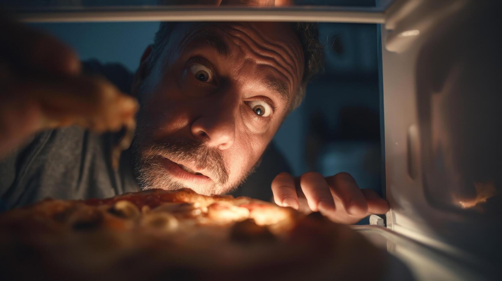 Surprised man excitedly reaching for the last slice of pizza inside the refrigerator at night photo