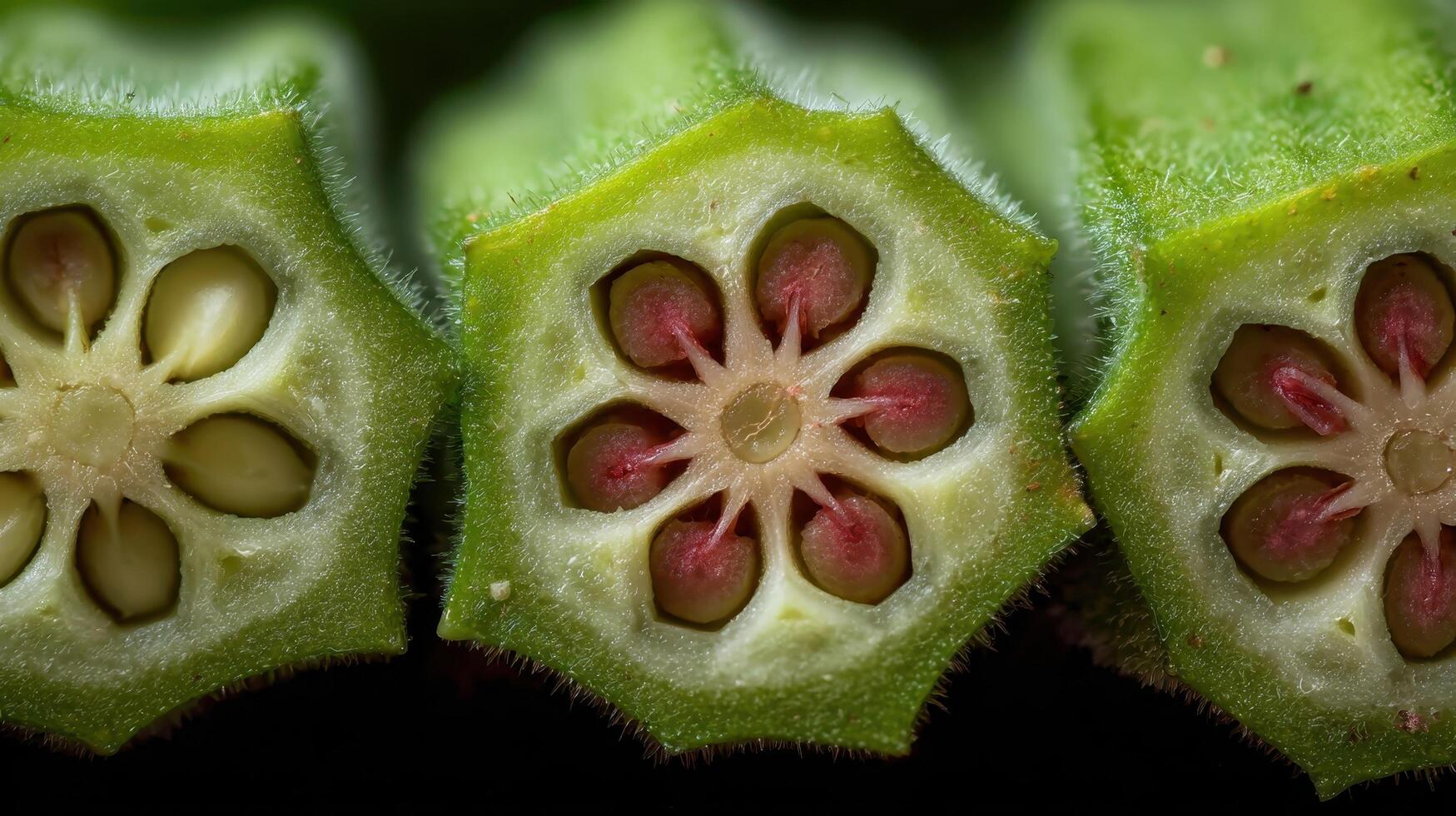 Close up view of freshly sliced okra revealing intricate star patterns in vibrant green photo