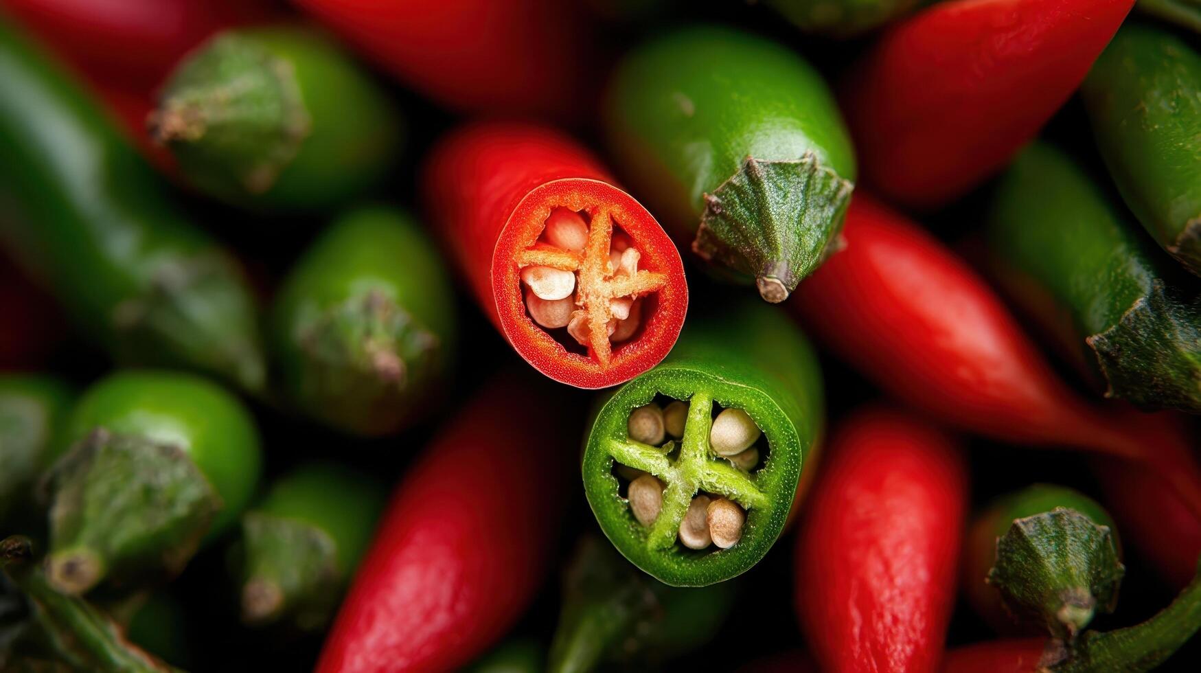 Close up view of red and green chili peppers showcasing vibrant colors and textures in a bountiful display photo