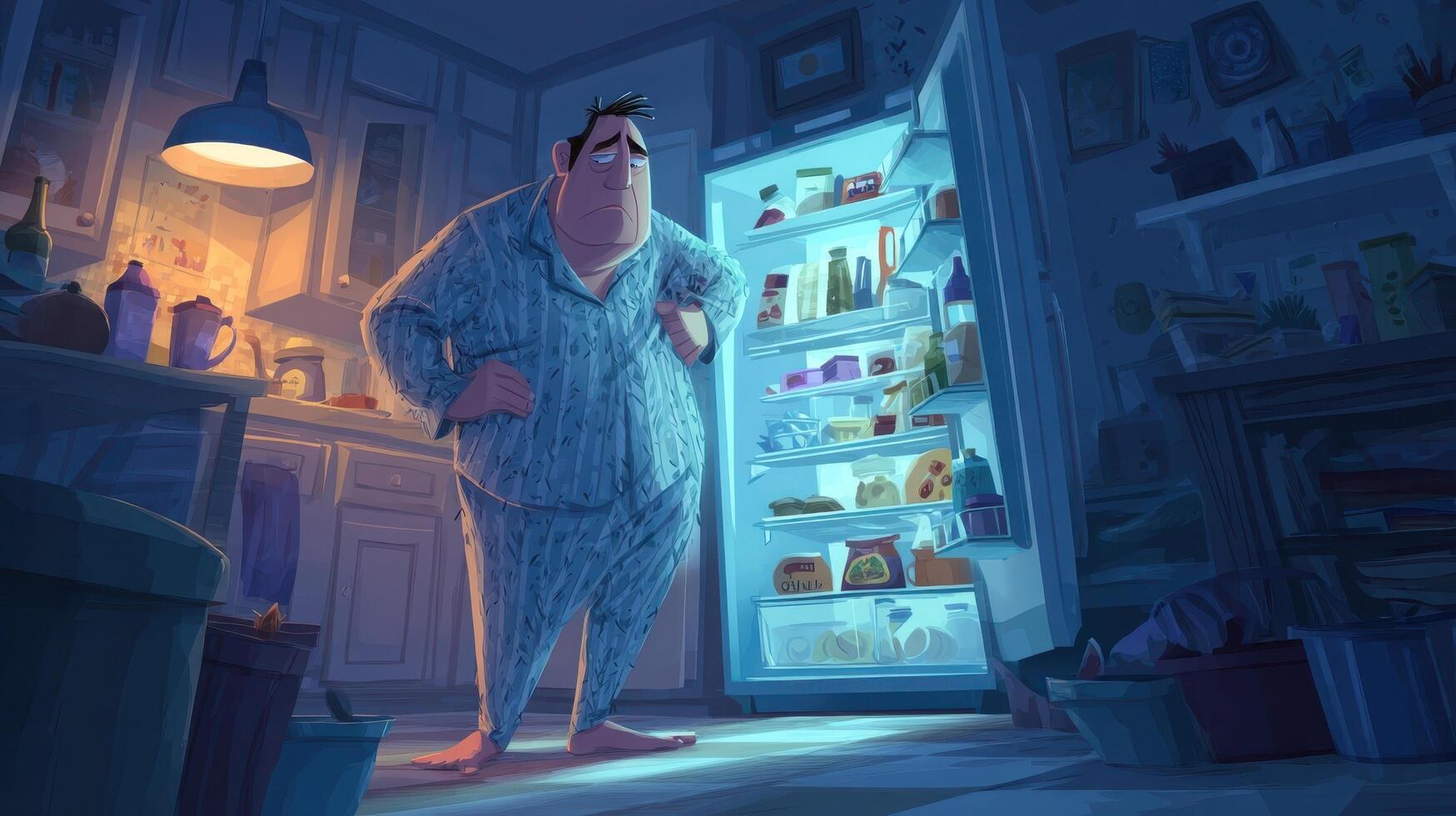 Tired man in pajamas searching for midnight snack in dimly lit kitchen after long day photo