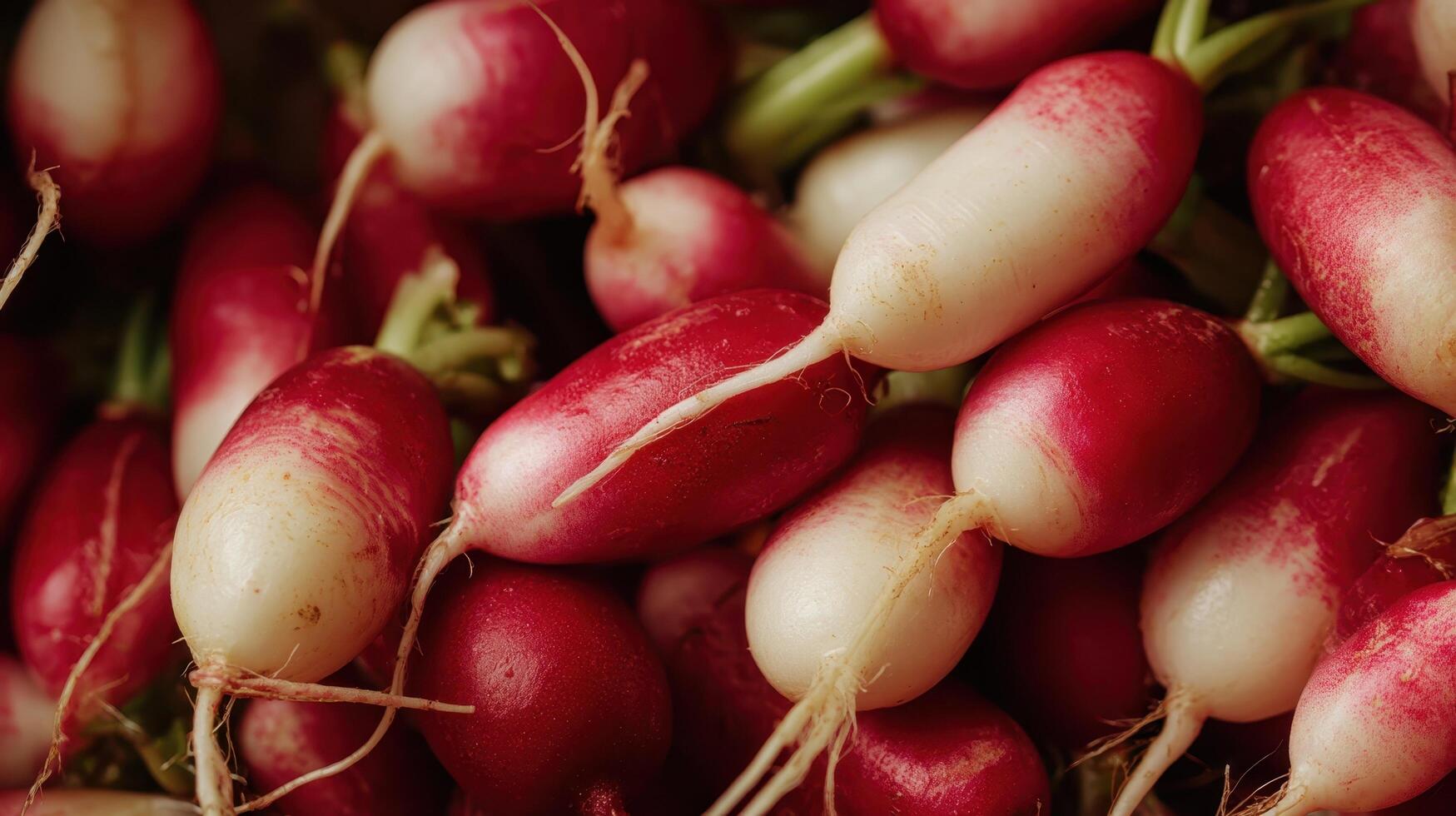 Fresh radishes with vibrant red and white skin displayed at a local market in autumn season photo