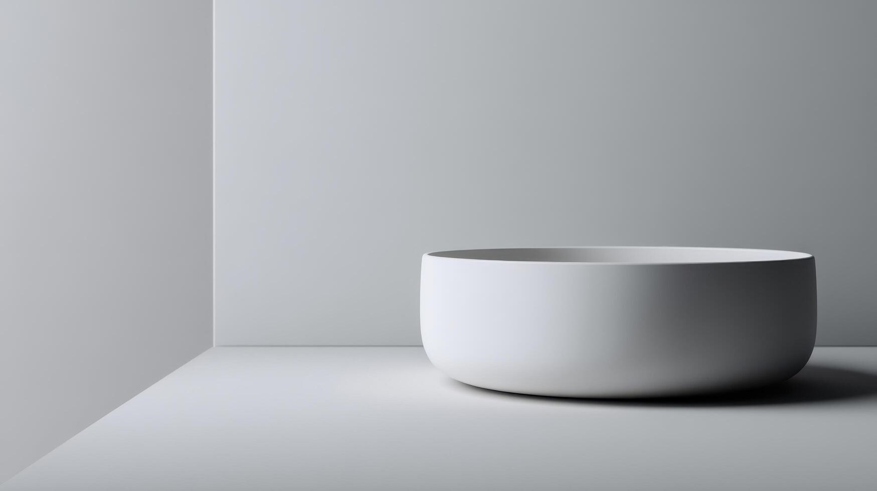 Ceramic white bowl resting in a minimalistic setting with soft lighting in a modern interior photo