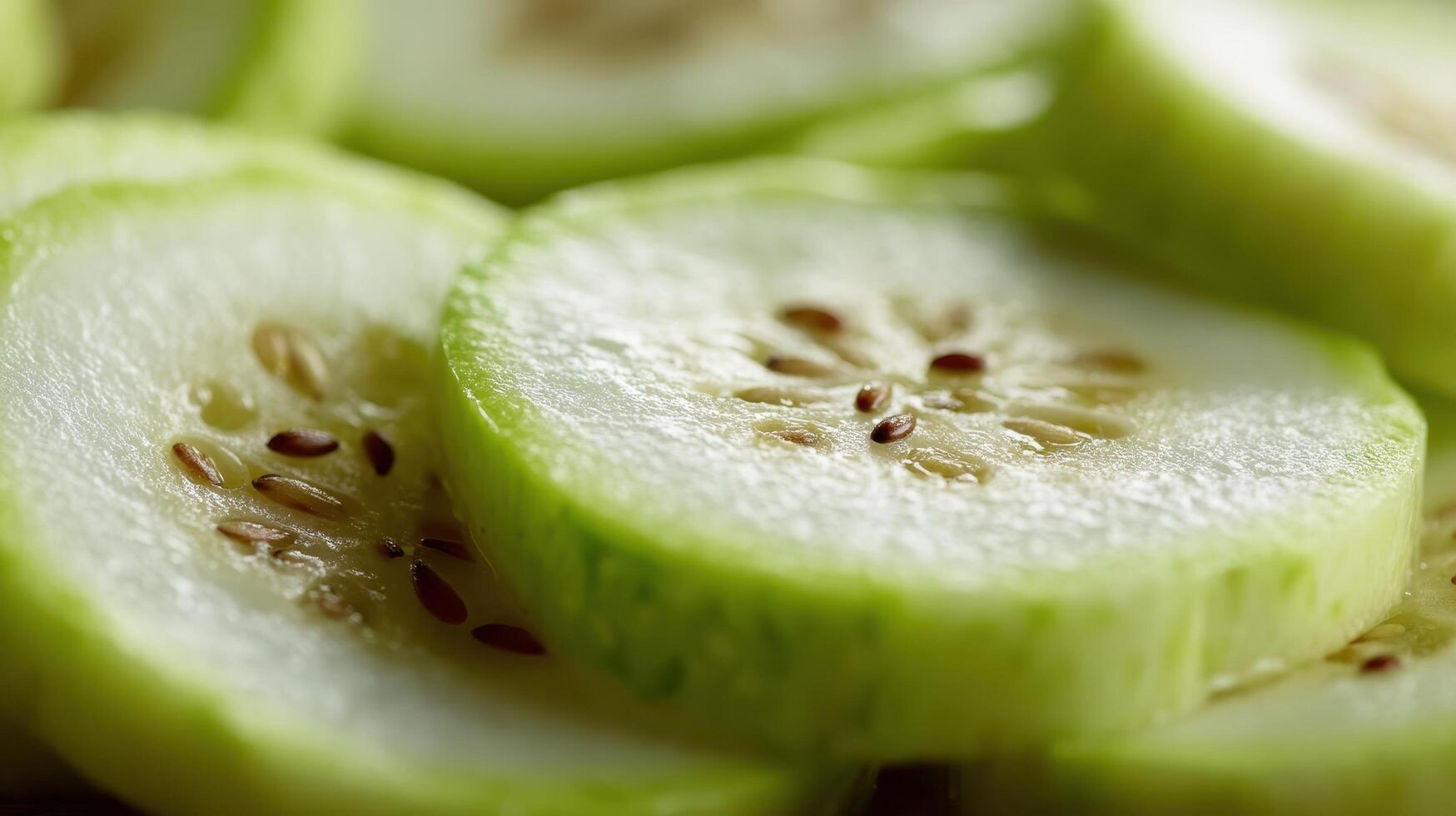 Close up view of fresh zucchini slices showcasing their pale green color and internal seeds photo