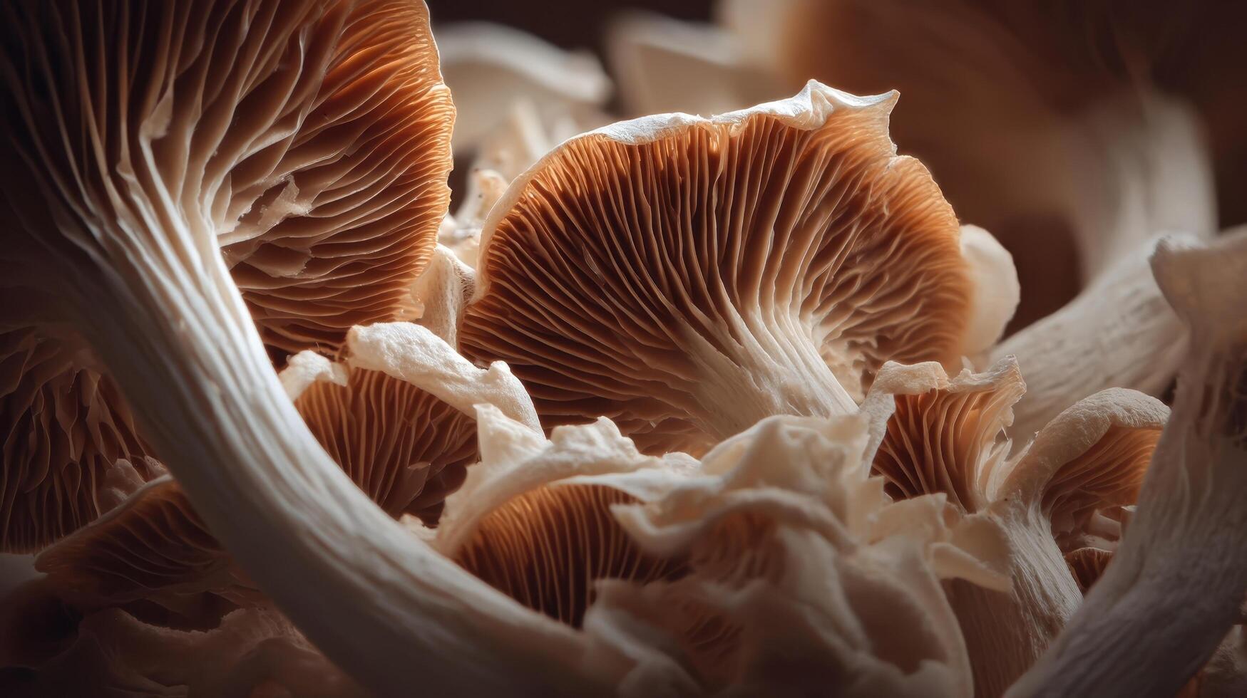 Macro shot reveals intricate details of mushroom gills and stems in natural lighting photo