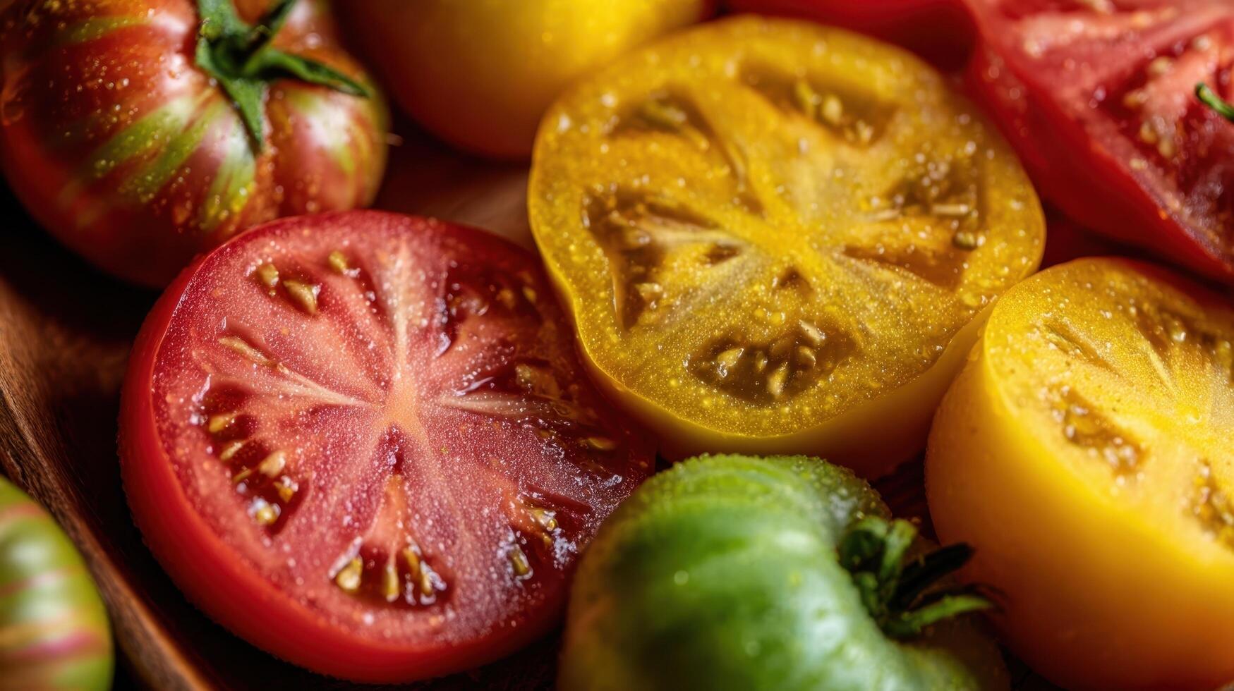 Close up view of vibrant heirloom tomatoes showcasing rich colors and unique patterns from a home garden photo