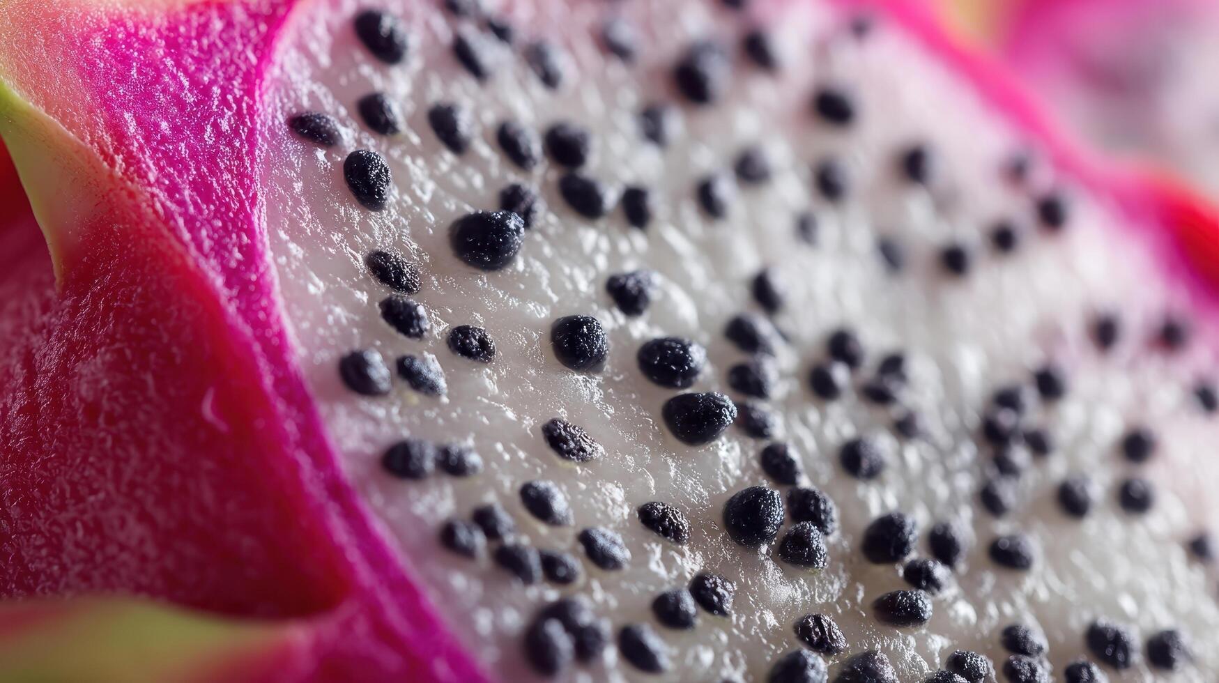 Macro shot reveals intricate details of dragon fruit seeds embedded in vibrant flesh photo
