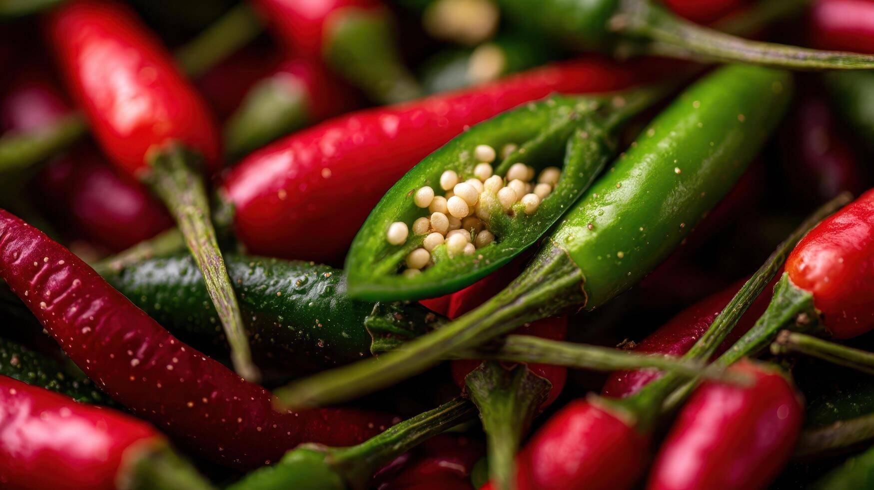 Close up view of vibrant red and green chili peppers showcasing rich colors and textures photo