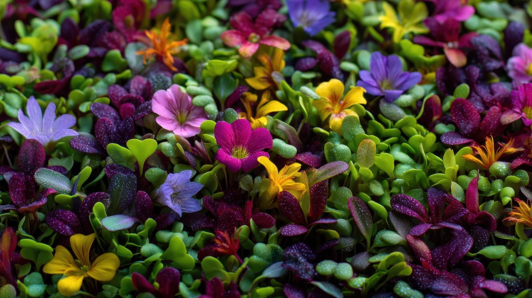 Vibrant microgreens and edible flowers arranged in a lush display at a local urban farm photo