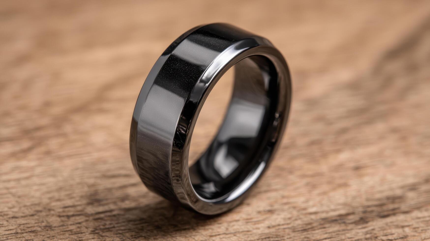 Zirconium ceramic ring with polished chamfered edges displayed on wooden surface photo