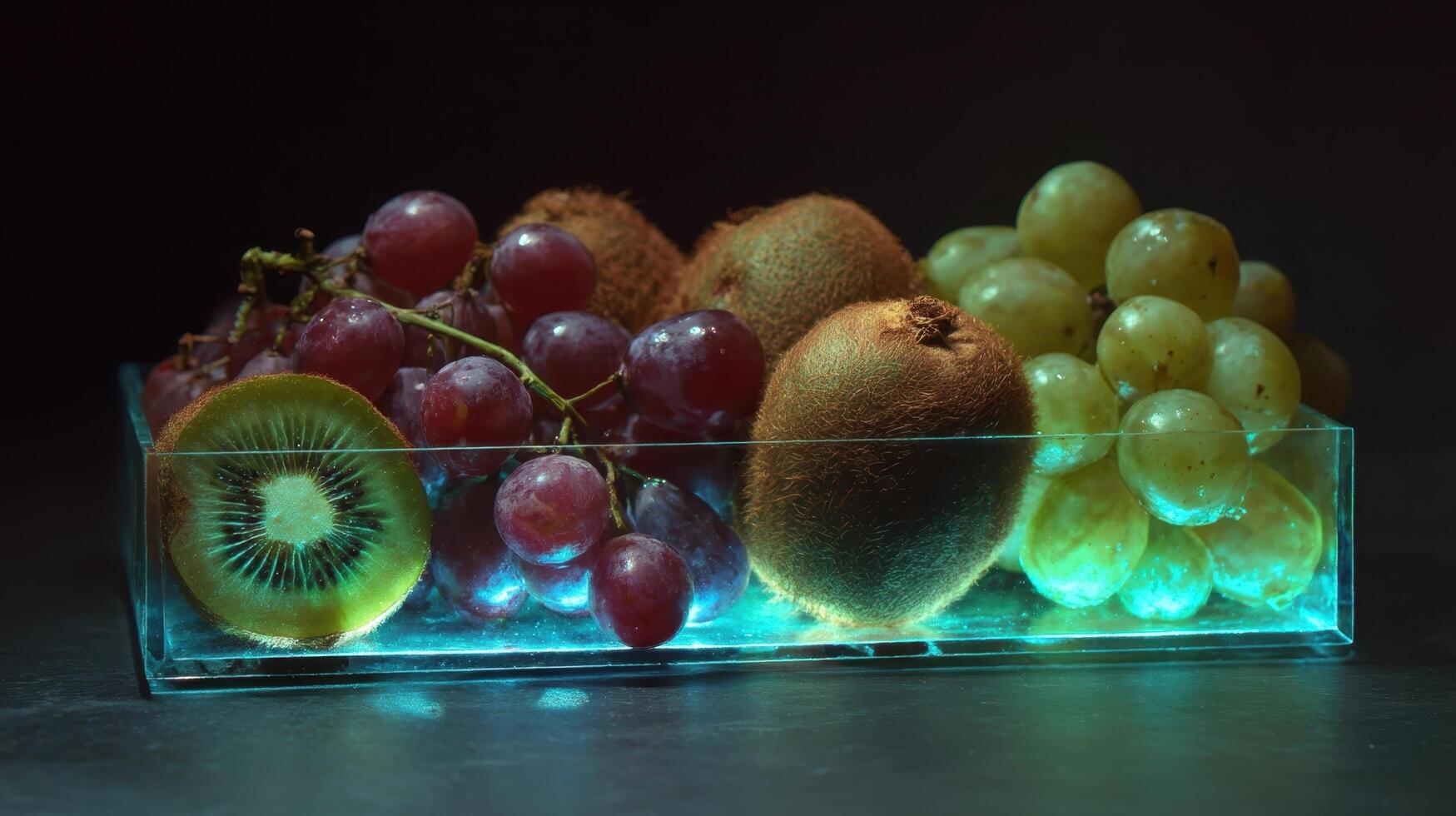 Display of genetically modified glowing fruits in a dark setting with vibrant colors photo