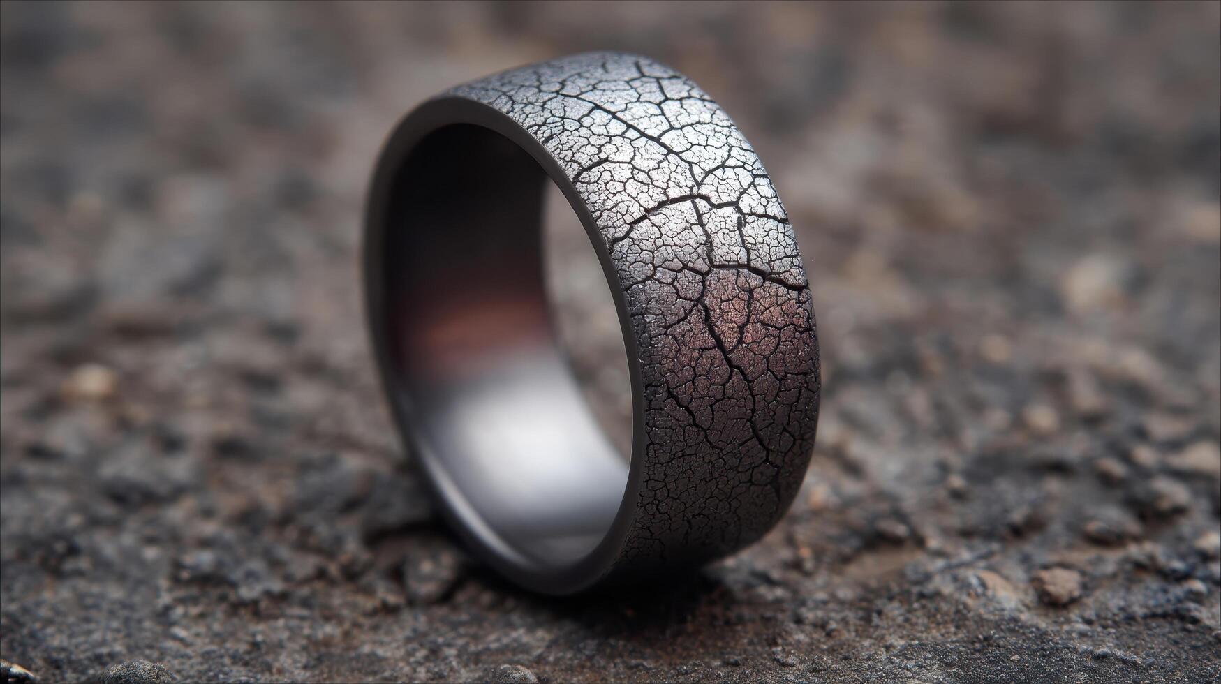 Unique titanium ring showcasing intricate micro cracks and textured finish on a rough surface photo