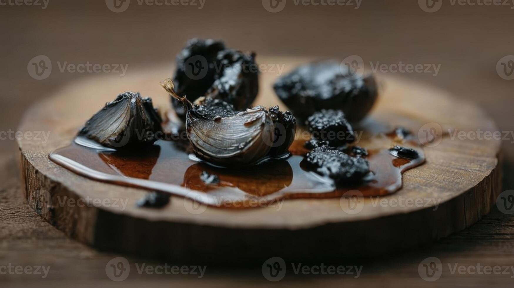 Melting garlic cloves create a glossy, flavorful ooze on a wooden plate photo