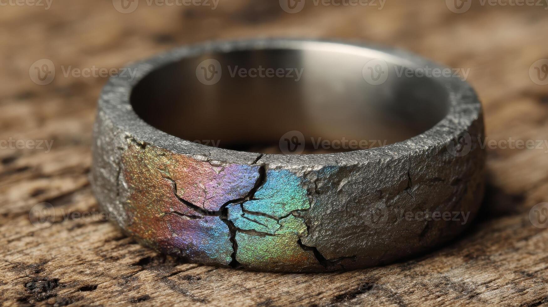 Titanium ring with embedded micro cracks showcasing iridescent patterns and unique texture photo