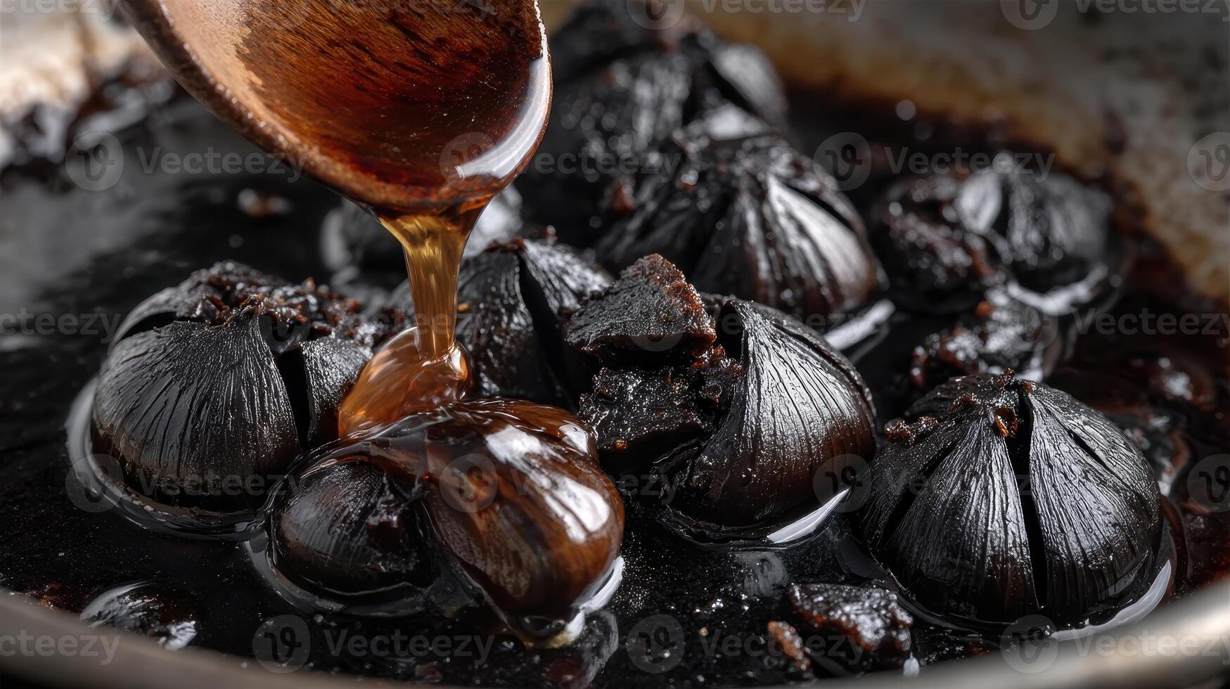Melting garlic cloves creating glossy mixture in a pan on the stove at nighttime photo