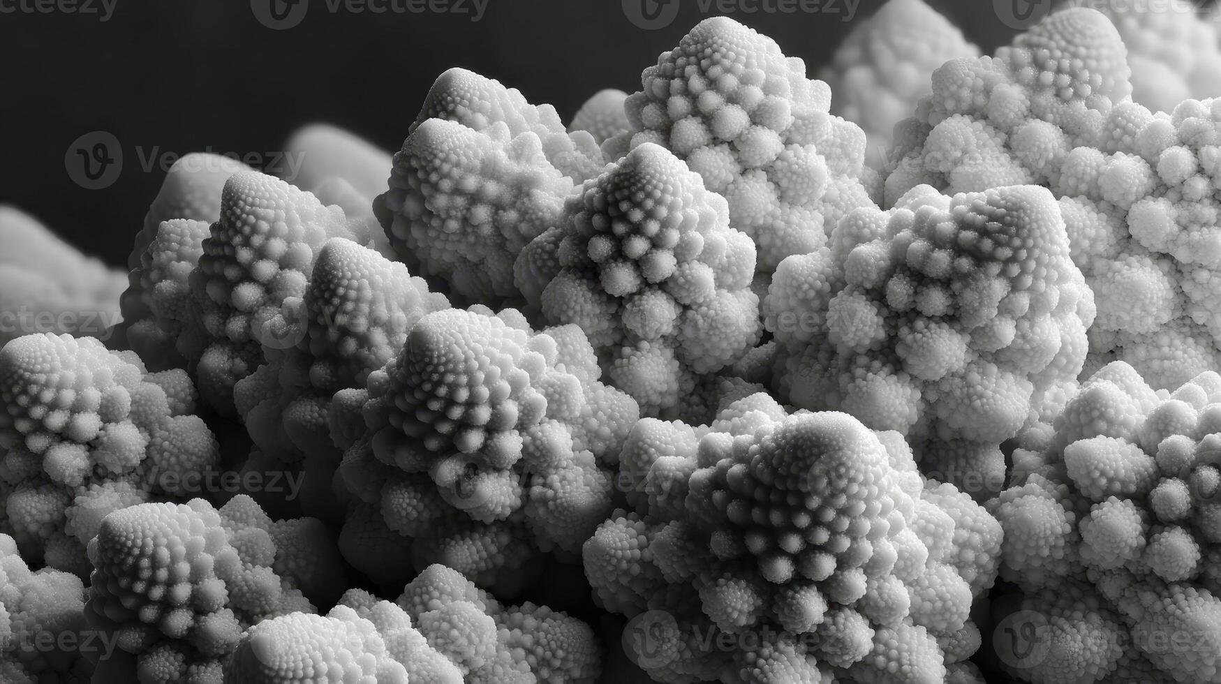 Intricate cauliflower florets display stunning fractal patterns in monochrome hues photo
