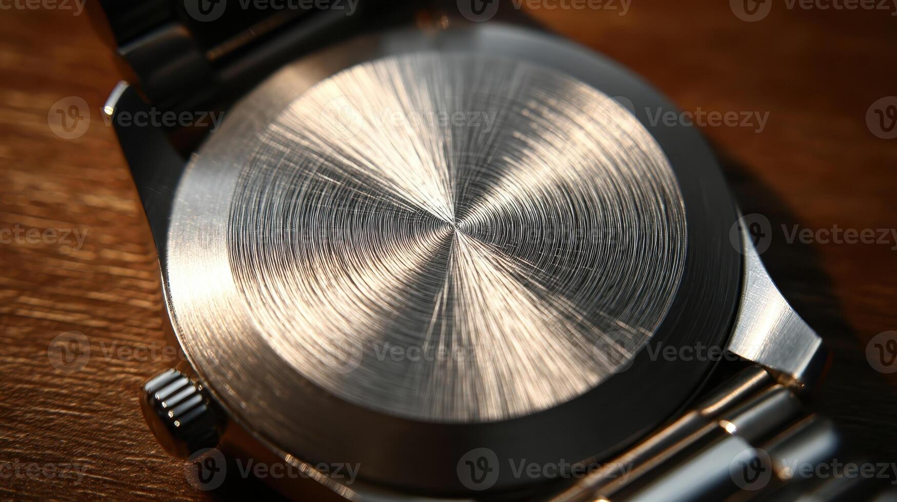 Brushed aluminum watch back with radial grain pattern resting on wooden surface photo
