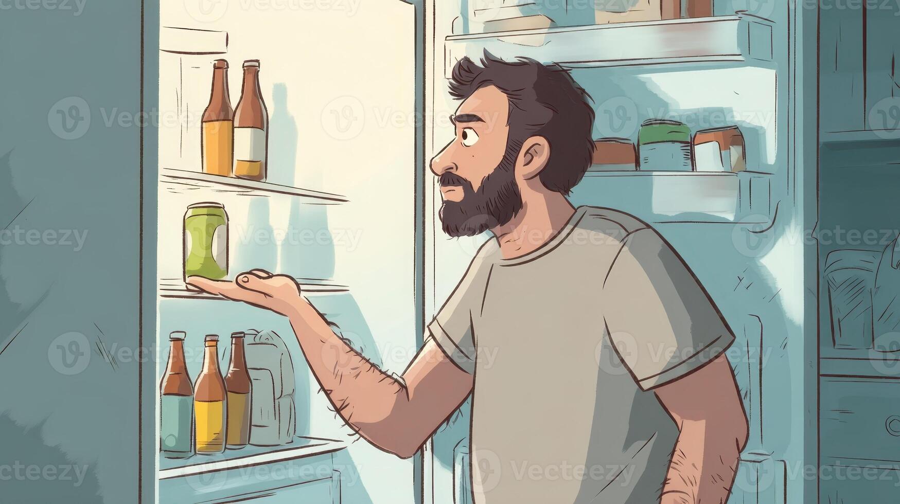 Man contemplates food and drink choices while standing in open refrigerator at home photo