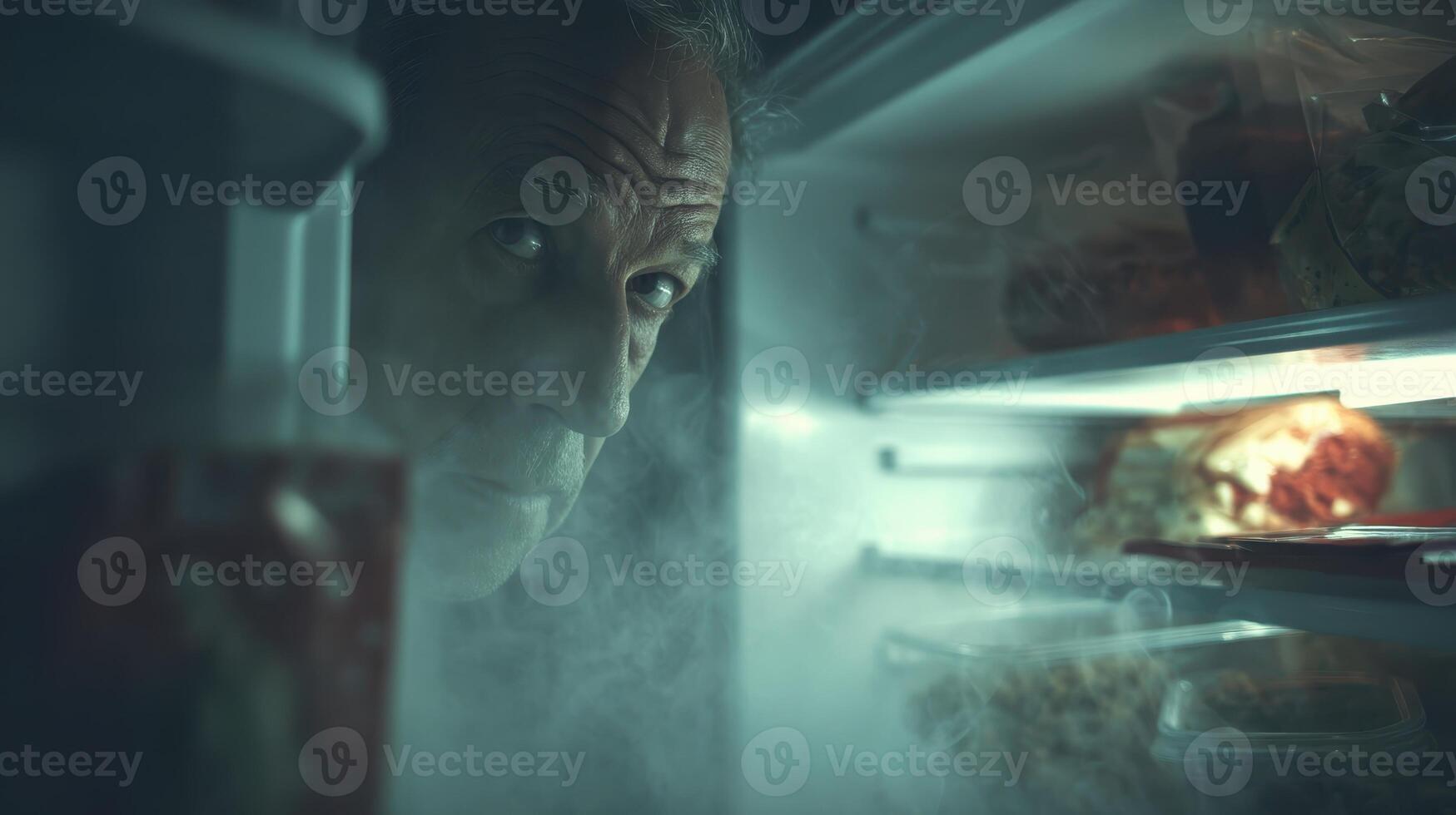 Curious man looking inside a fridge at night, exploring contents with intrigue photo