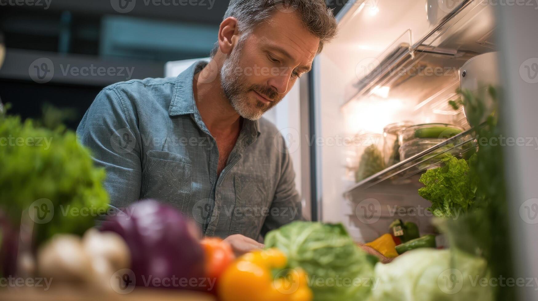 Man selects fresh vegetables inside a refrigerator in a modern kitchen during the day photo