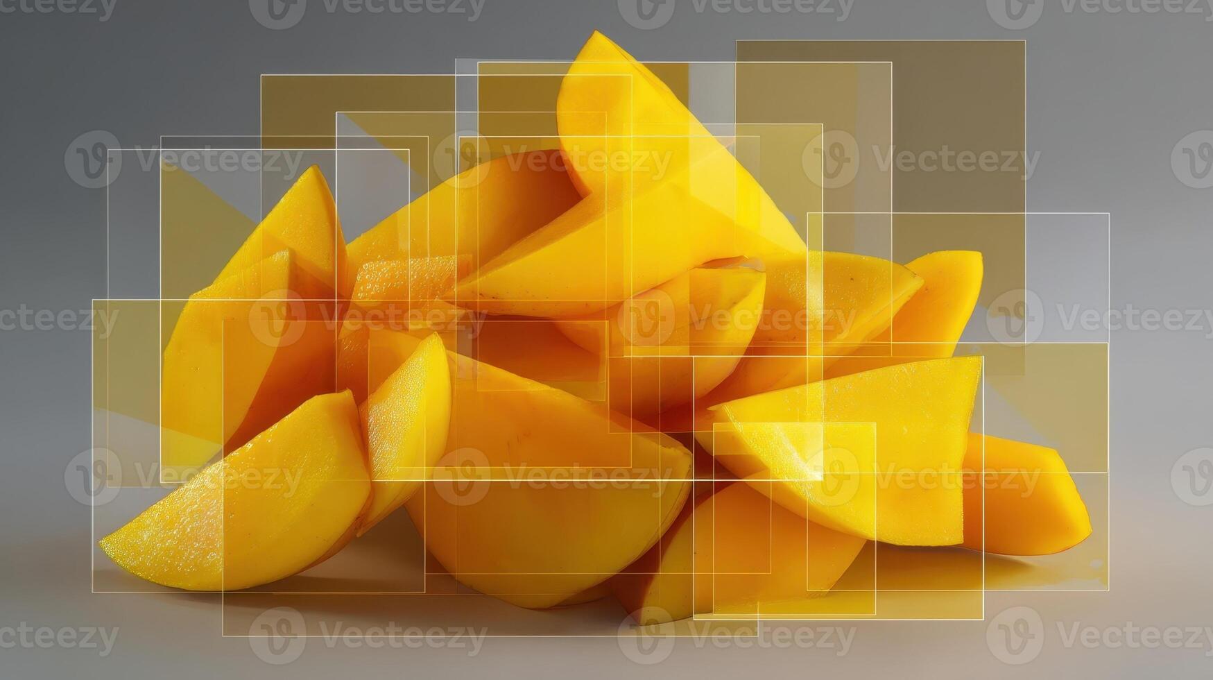 Cubist interpretation of mango showcasing geometric shapes and vibrant colors in an artistic arrangement photo