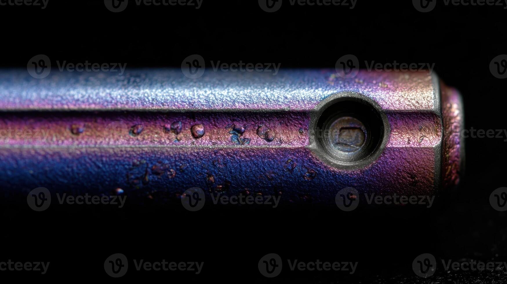 Titanium surface displaying vivid blue and purple oxidation with intricate details captured closely photo