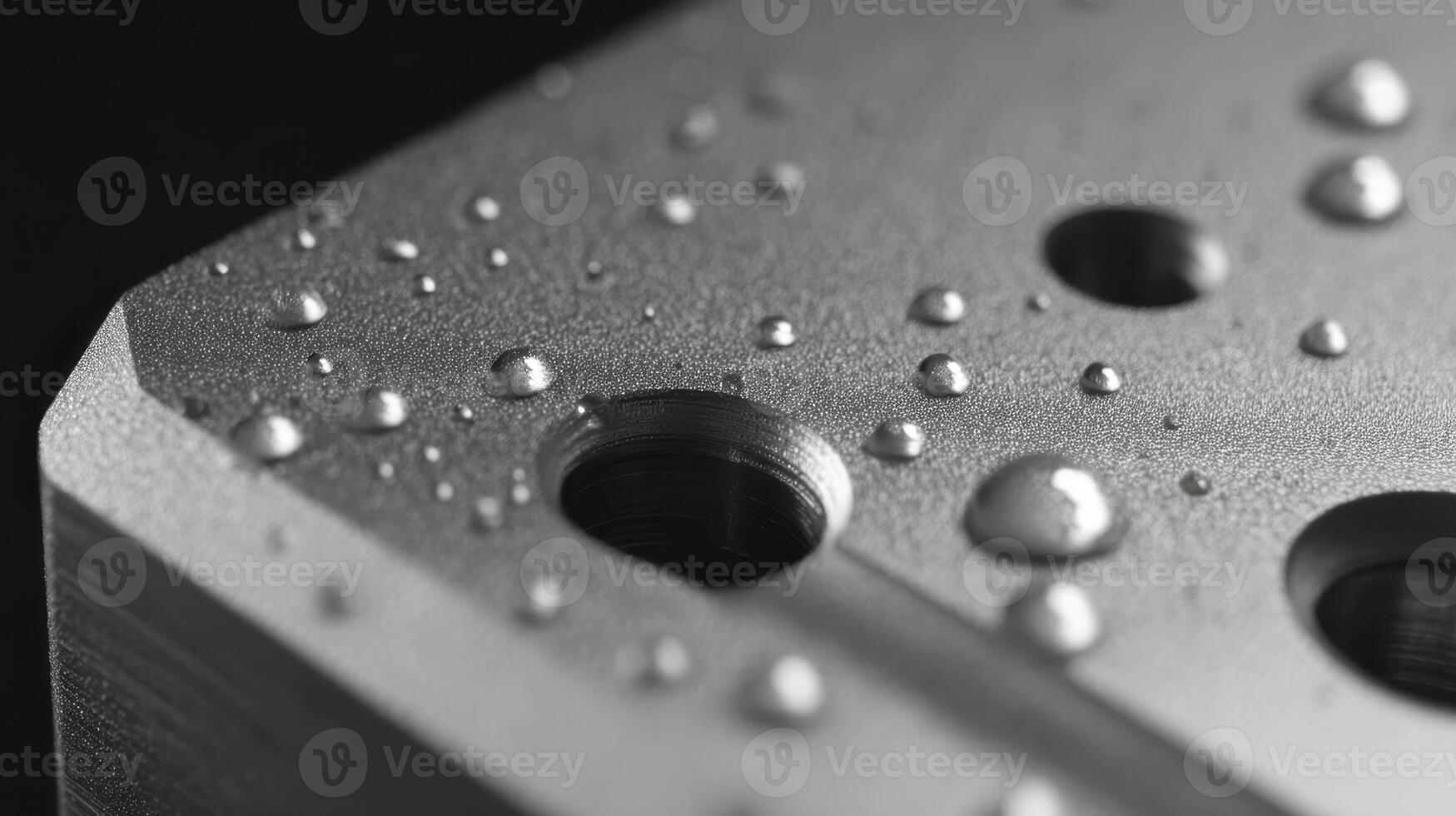 Close up view of CNC machined aluminum surface with moisture beads during manufacturing process photo