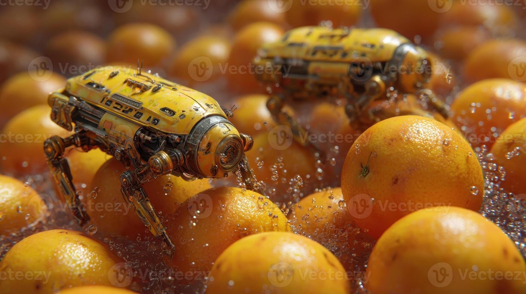 Robotic grippers navigating through floating oranges during a harvest operation in a high tech farm photo