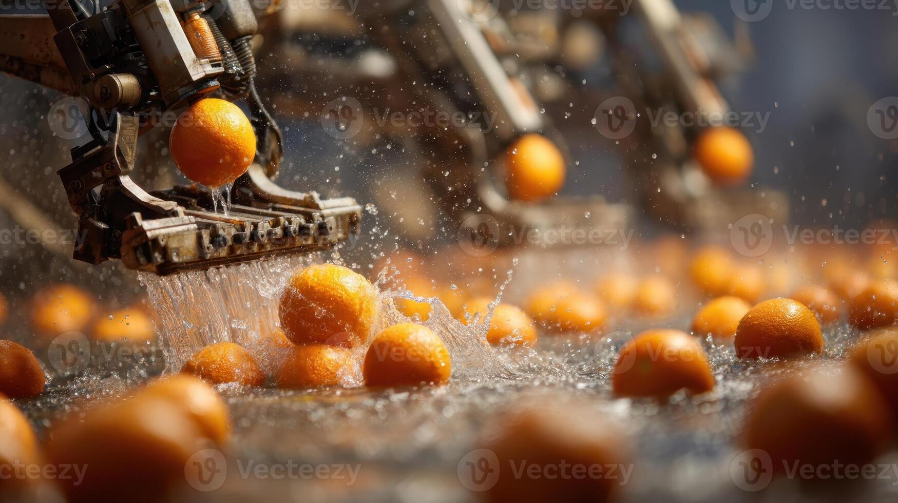 Robotic grippers harvesting oranges in a citrus orchard during sunny daytime photo