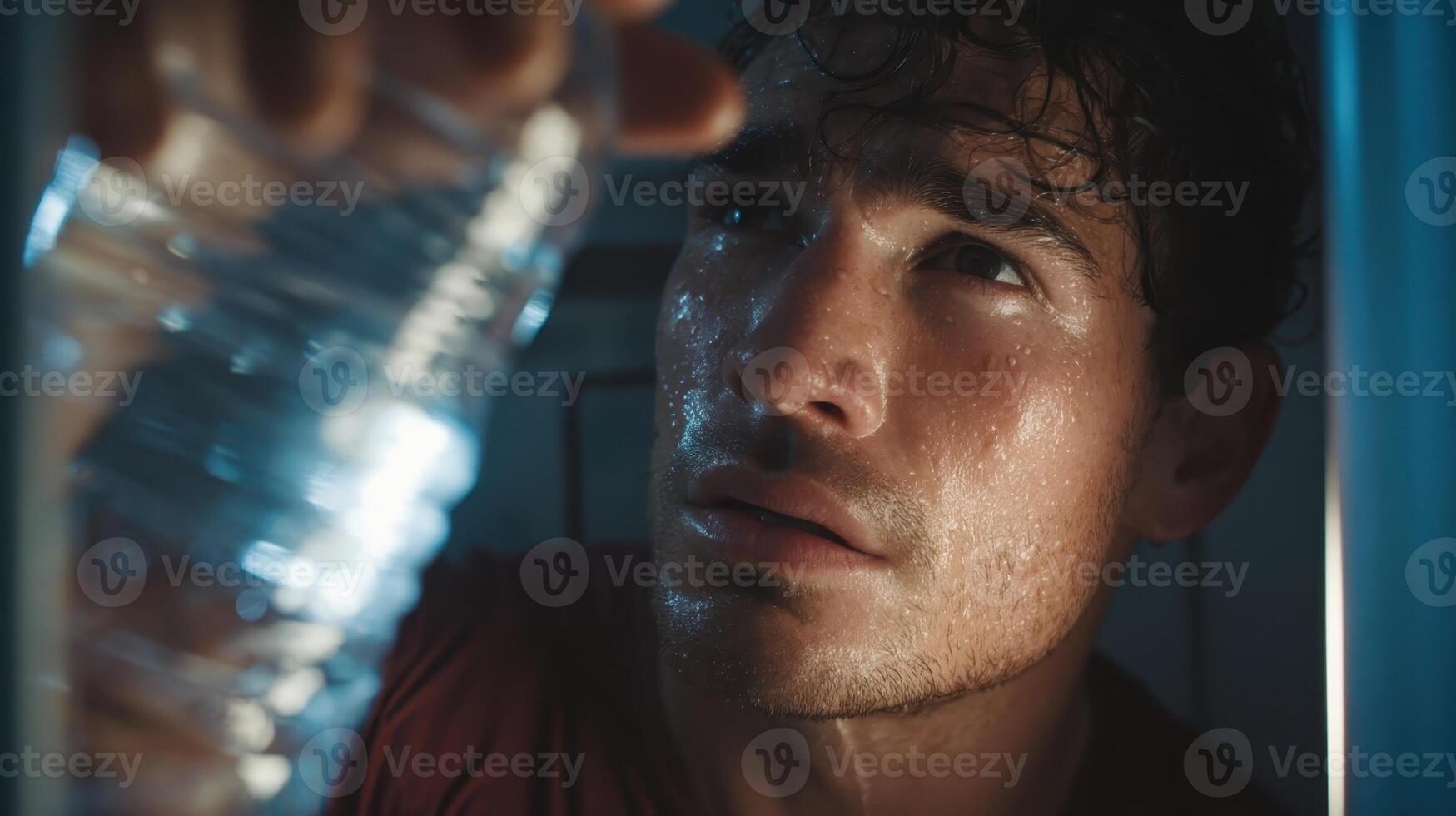 Post workout man refreshing himself with cold water from fridge after intense exercise session photo