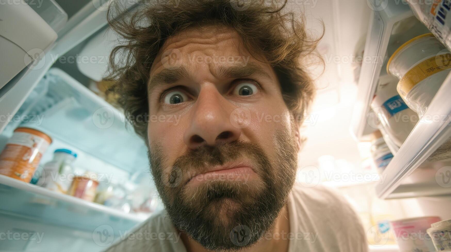 Man reacts with disgust while looking into an open fridge filled with various food items photo