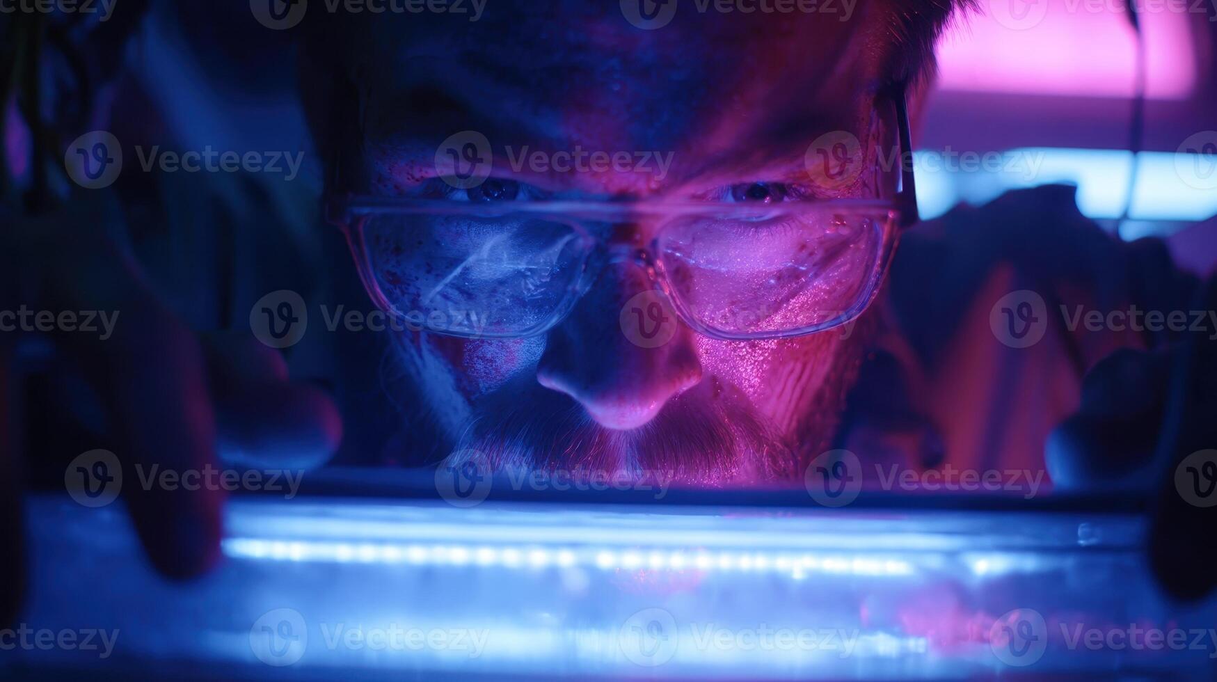 Man reaches into a fridge under vibrant neon lights searching for a mysterious item late at night photo