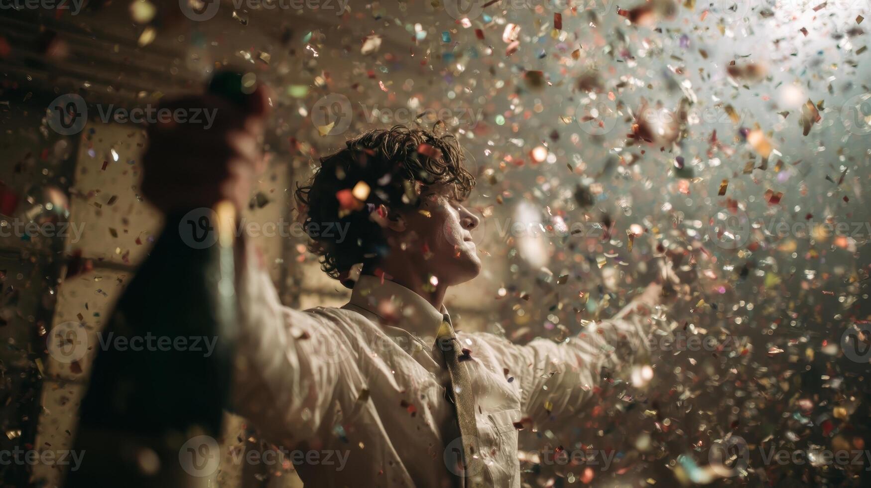 Man celebrates with champagne and confetti during a lively party in a well lit room photo