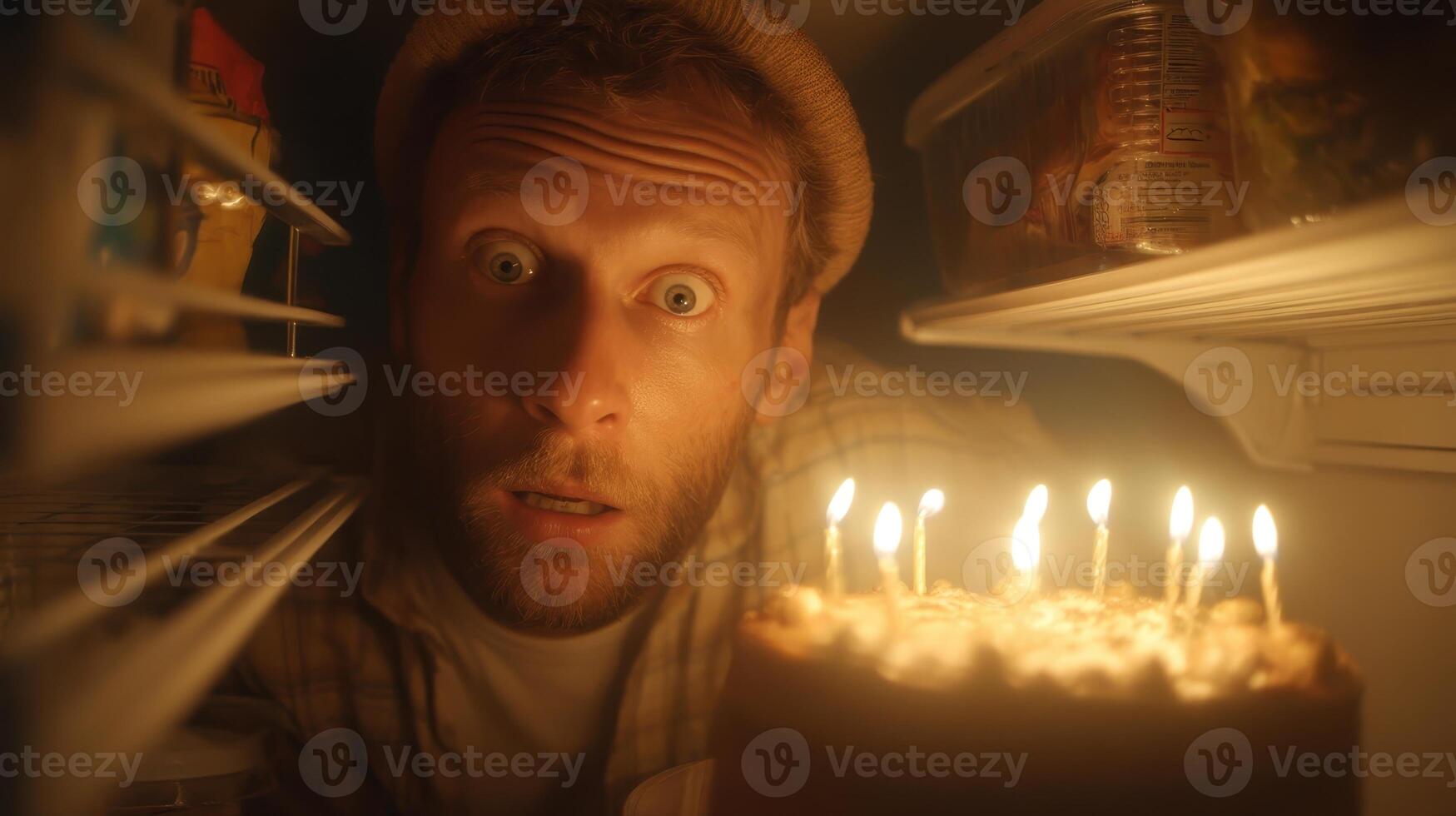 Surprised man discovers a birthday cake while reaching into the fridge at home during evening hours photo