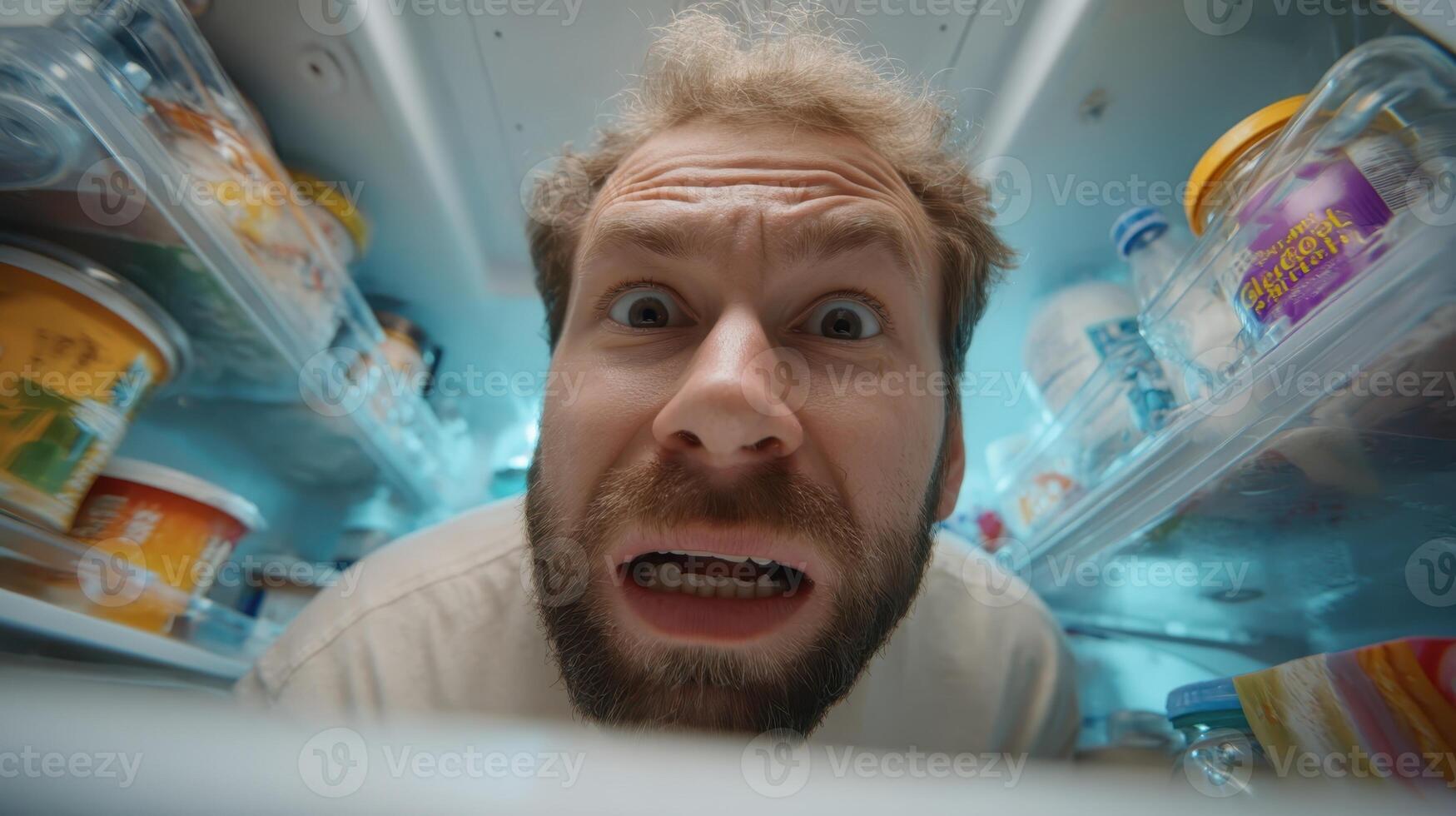 Man reacts with disgust while peering into a fridge filled with various food items and containers photo