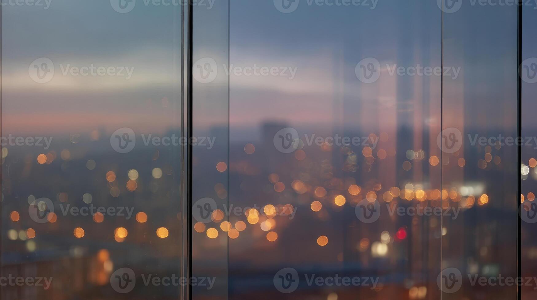Tempered glass with soft gradient tint reflects vibrant city lights during dusk photo