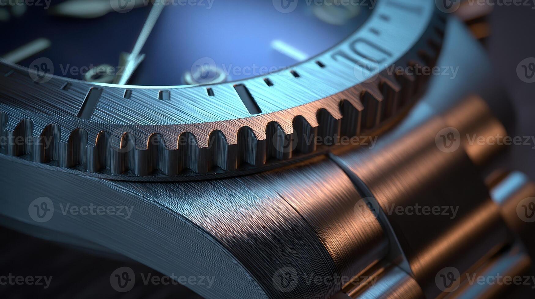 Close up view of a detailed luxury watch showcasing intricate edge texture and polished metal photo