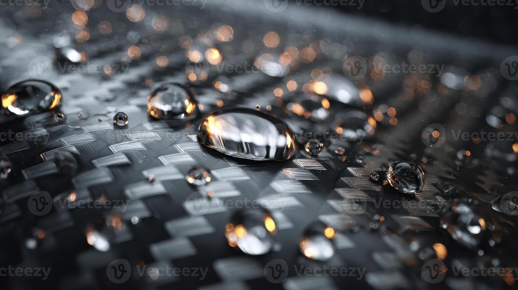 Forged carbon fiber surface adorned with water droplets reflecting light in a sleek design photo