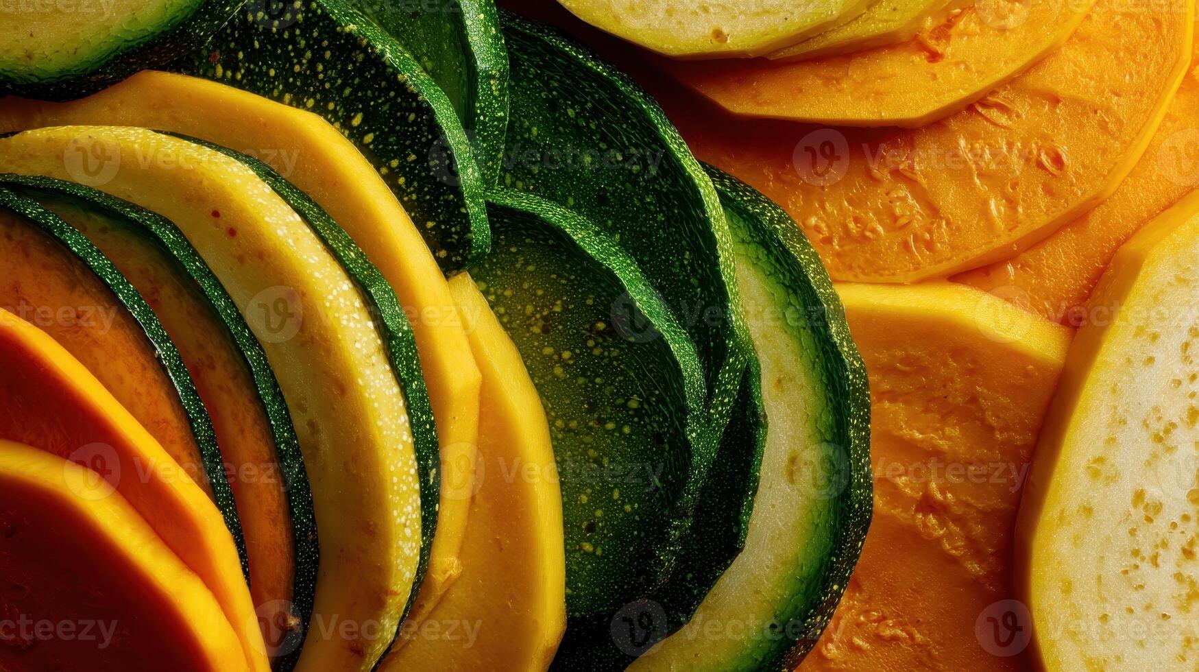 Vibrant macro shot of mixed varieties of butternut squash on a wooden surface photo