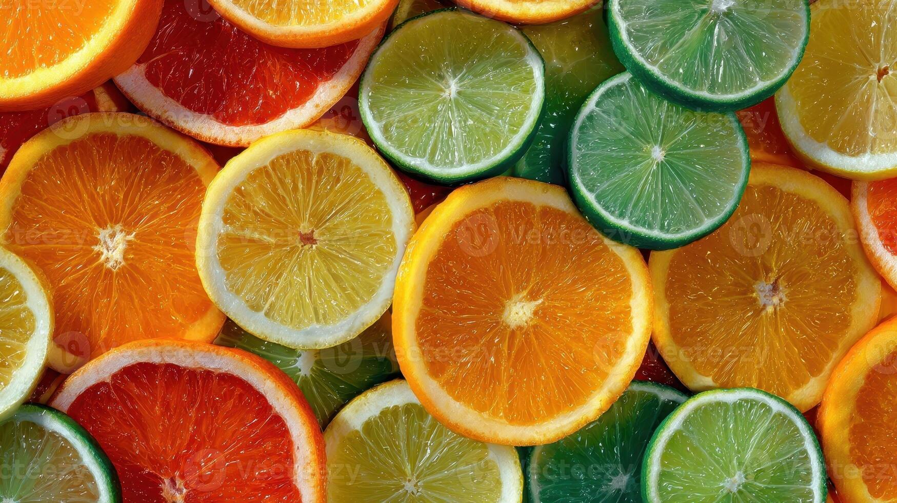 Vibrant display of sliced citrus fruits featuring oranges, lemons, limes, and grapefruits in a colorful arrangement photo