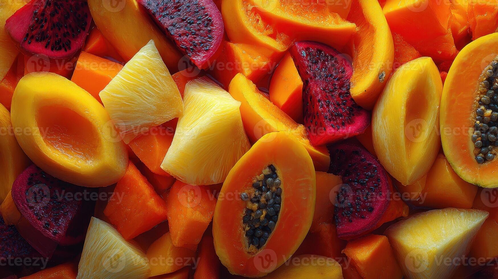 Tropical fruit medley features vibrant mango, pineapple, and dragon fruit in colorful display photo